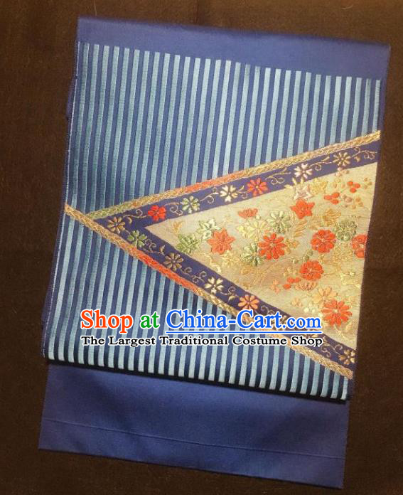 Japanese Nagoya Traditional Embroidered Pattern Deep Blue Brocade Waistband Japan Kimono Yukata Belt for Women