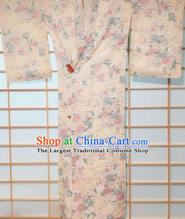 Japanese Traditional Peony Pattern Beige Edo Komon Kimono Japan Yukata Dress Costume for Women