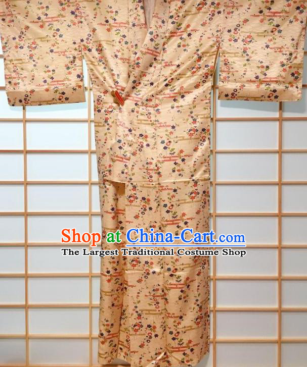 Japanese Traditional Flower Pattern Beige Silk Komon Kimono Japan Yukata Dress Costume for Women