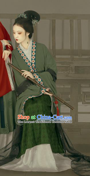 Chinese Song Dynasty Noble Dame Green Hanfu Dress Ancient Replica Costumes and Headpiece for Women