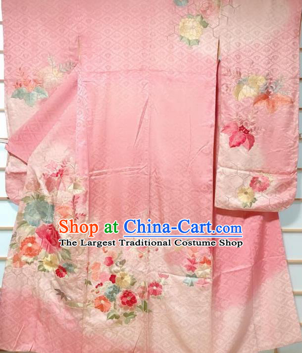 Japanese Classical Embroidered Peony Pink Silk Furisode Kimono Japan Traditional Yukata Dress Costume for Women