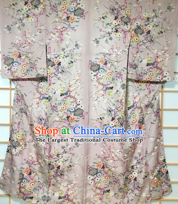 Japanese Classical Printing Chrysanthemum Grey Tsukesage Kimono Japan Traditional Yukata Dress Costume for Women