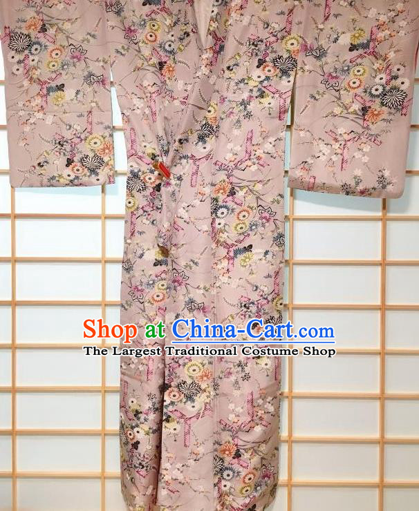 Japanese Classical Printing Chrysanthemum Grey Tsukesage Kimono Japan Traditional Yukata Dress Costume for Women