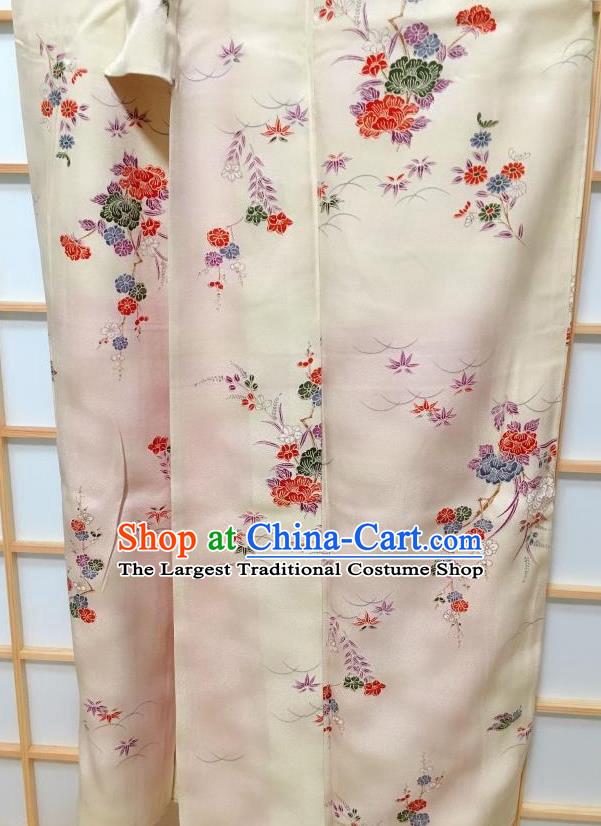 Japanese Classical Printing Peony Beige Tsukesage Kimono Japan Traditional Yukata Dress Costume for Women