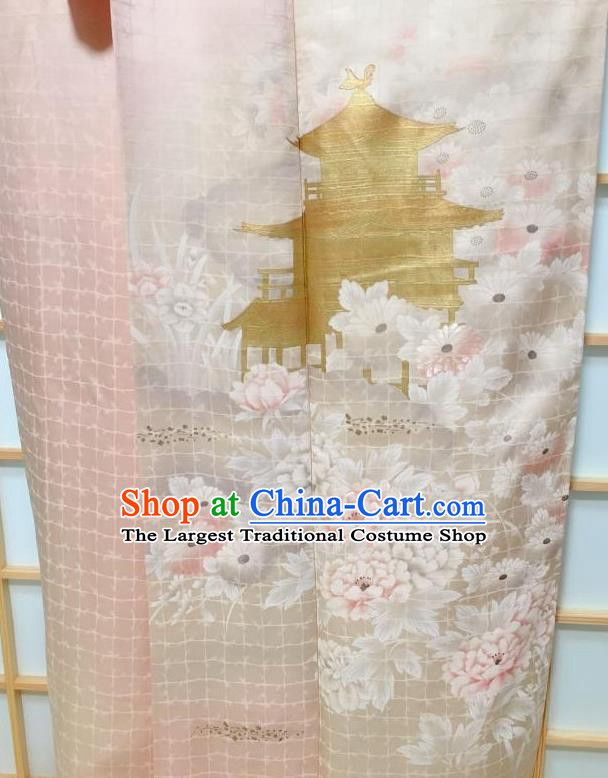 Japanese Classical Peony Pattern Pink Tsukesage Kimono Japan Traditional Yukata Dress Costume for Women