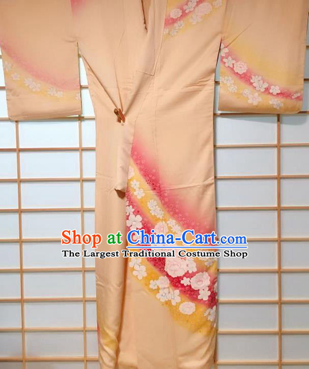 Japanese Classical Sakura Pattern Apricot Kimono Japan Traditional Yukata Dress Costume for Women