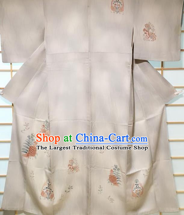 Japanese Classical Birds Pattern Grey Tsukesage Kimono Japan Traditional Yukata Dress Costume for Women