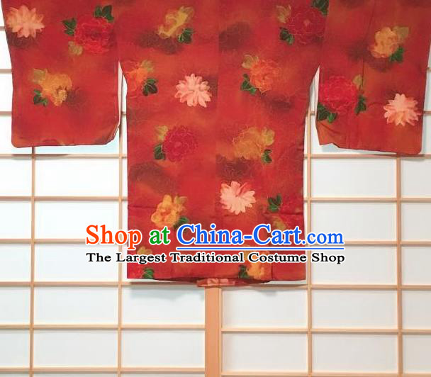Japanese Traditional Printing Flowers Pattern Red Haori Jacket Japan Kimono Overcoat Costume for Women