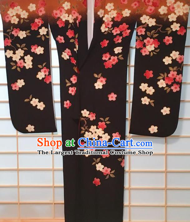 Japanese Classical Sakura Pattern Black Furisode Kimono Japan Traditional Yukata Dress Costume for Women
