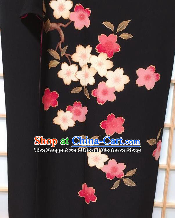 Japanese Classical Sakura Pattern Black Furisode Kimono Japan Traditional Yukata Dress Costume for Women