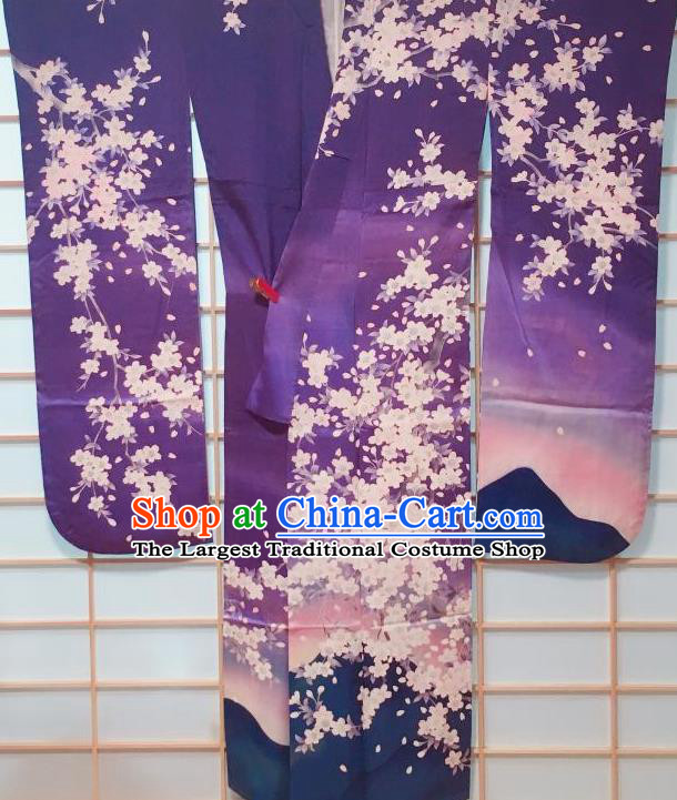 Japanese Classical Sakura Pattern Purple Furisode Kimono Japan Traditional Yukata Dress Costume for Women
