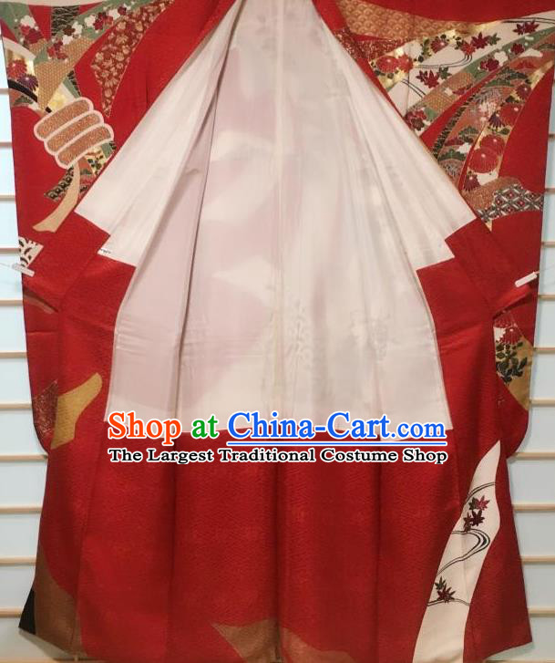 Japanese Classical Embroidered Crane Pattern Red Furisode Kimono Japan Traditional Yukata Dress Costume for Women