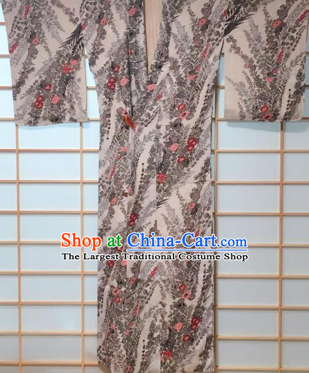 Traditional Japanese Grey Kimono Japan Classical Flowers Pattern Yukata Dress Costume for Women