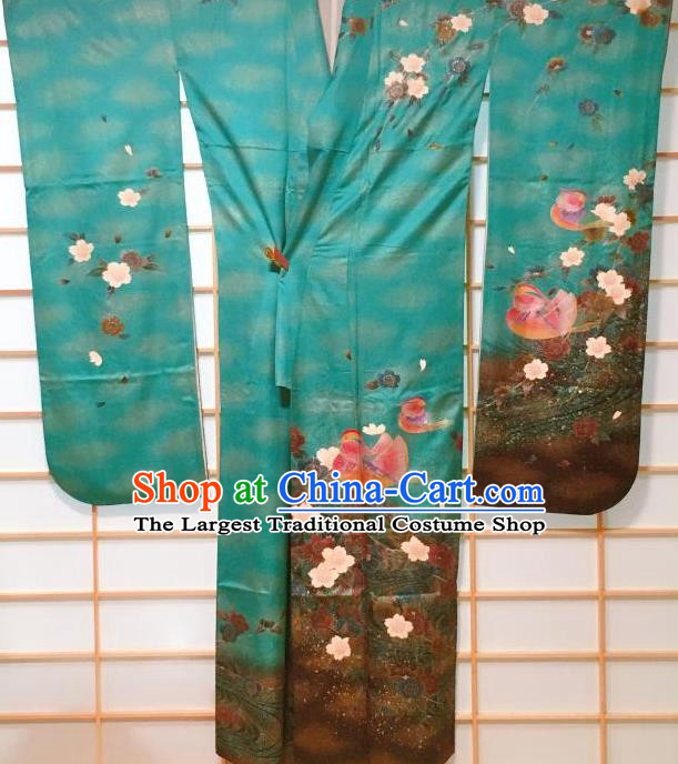 Traditional Japanese Green Furisode Kimono Japan Classical Mandarin Duck Pattern Yukata Dress Costume for Women