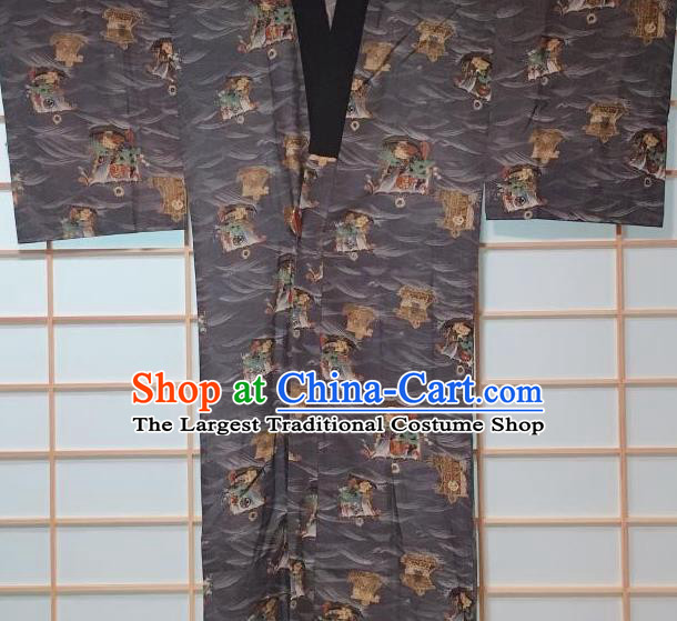 Traditional Japanese Wave Boat Pattern Grey Hanten Kimono Japan Yukata Costume for Men