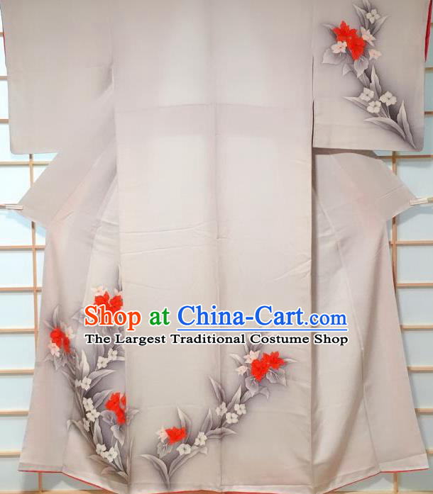 Traditional Japanese Grey Tsukesage Kimono Japan Classical Flowers Pattern Yukata Dress Costume for Women
