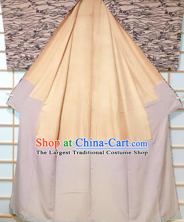 Japanese Classical Pattern Beige Edo Komon Kimono Japan Traditional Yukata Dress Costume for Women
