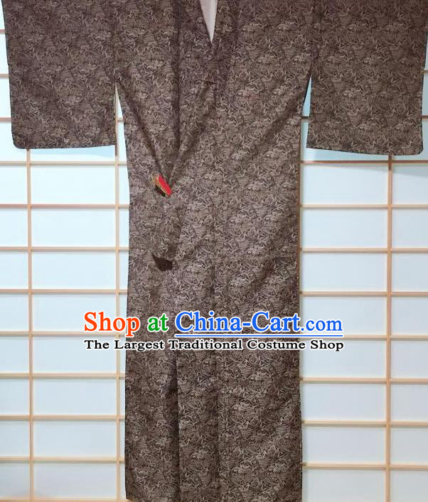 Japanese Classical Scroll Grass Pattern Grey Edo Komon Kimono Japan Traditional Yukata Dress Costume for Women
