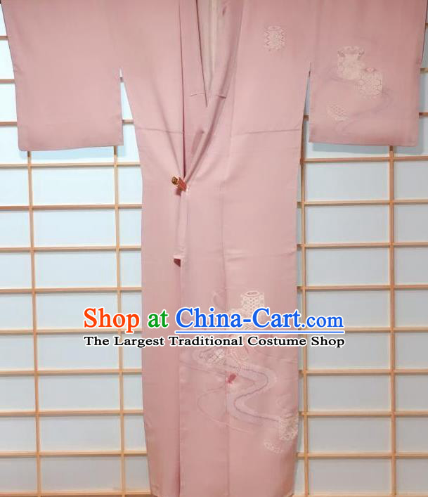 Traditional Japanese Pink Tsukesage Kimono Japan Classical Embroidered Pattern Yukata Dress Costume for Women
