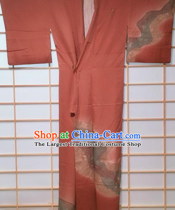 Traditional Japanese Rust Red Tsukesage Kimono Japan Classical Embroidered Orchid Pattern Yukata Dress Costume for Women