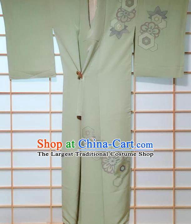 Traditional Japanese Light Green Tsukesage Kimono Japan Classical Chrysanthemum Pattern Yukata Dress Costume for Women