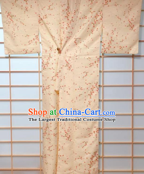 Traditional Japanese Beige Kimono Japan Classical Flowers Pattern Yukata Dress Costume for Women