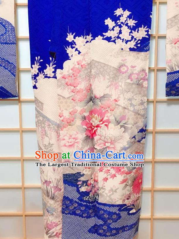 Traditional Japanese Royalblue Furisode Kimono Japan Classical Peony Flowers Pattern Yukata Dress Costume for Women