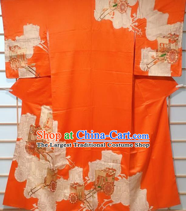 Traditional Japanese Orange Tsukesage Kimono Japan Classical Gharry Pattern Yukata Dress Costume for Women