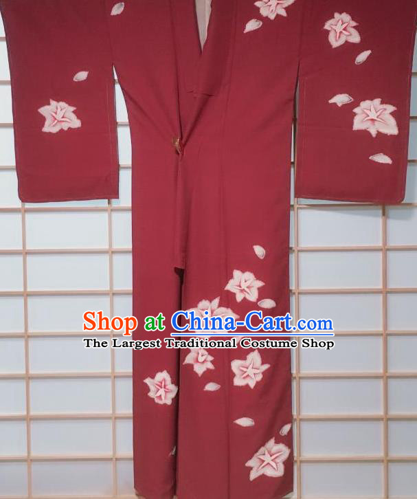 Traditional Japanese Wine Red Tsukesage Kimono Japan Classical Lily Flowers Pattern Yukata Dress Costume for Women
