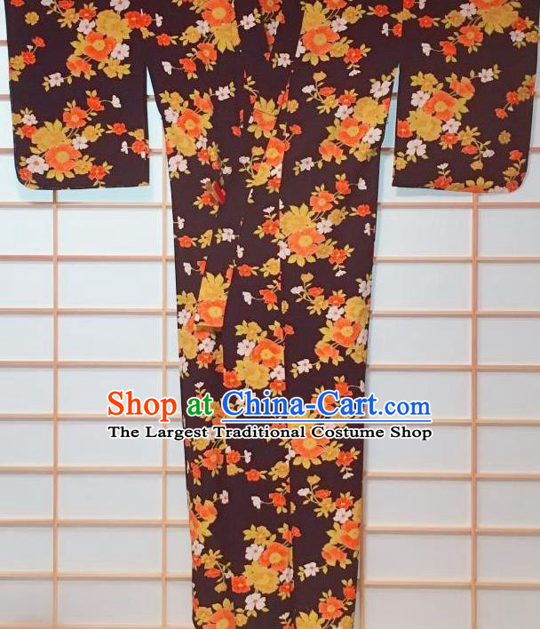 Japanese Classical Flowers Pattern Black Edo Komon Kimono Japan Traditional Yukata Dress Costume for Women