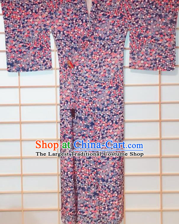 Japanese Classical Chrysanthemum Pattern Blue Edo Komon Kimono Japan Traditional Yukata Dress Costume for Women