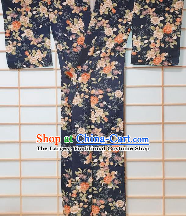 Japanese Classical Peony Chrysanthemum Pattern Navy Edo Komon Kimono Japan Traditional Yukata Dress Costume for Women