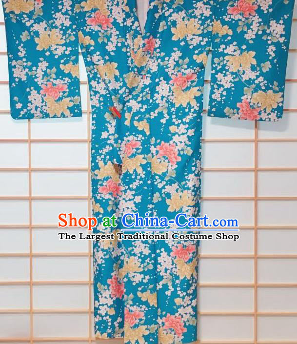 Japanese Classical Peony Pattern Blue Komon Kimono Japan Traditional Yukata Dress Costume for Women