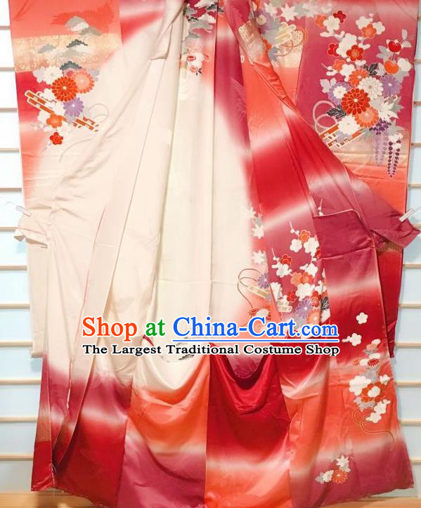 Japanese Classical Peony Crane Pattern Red Furisode Kimono Japan Traditional Yukata Dress Costume for Women