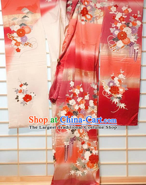 Japanese Classical Peony Crane Pattern Red Furisode Kimono Japan Traditional Yukata Dress Costume for Women