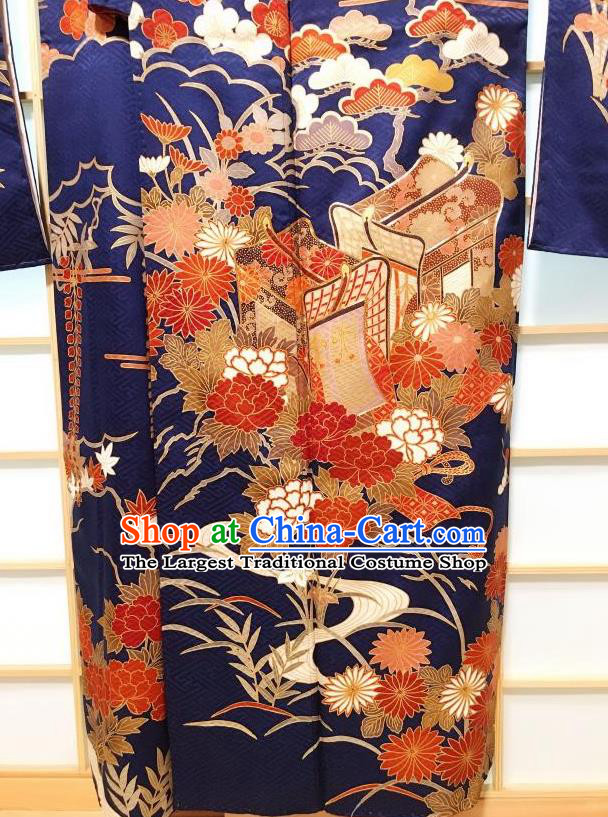 Japanese Classical Chrysanthemum Peony Pattern Deep Blue Furisode Kimono Japan Traditional Yukata Dress Costume for Women