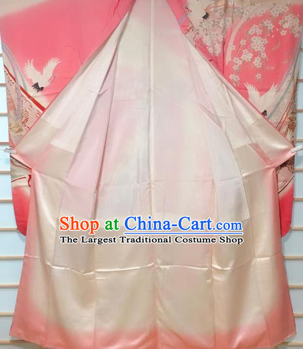 Japanese Classical Sakura Crane Pattern Pink Furisode Kimono Japan Traditional Yukata Dress Costume for Women