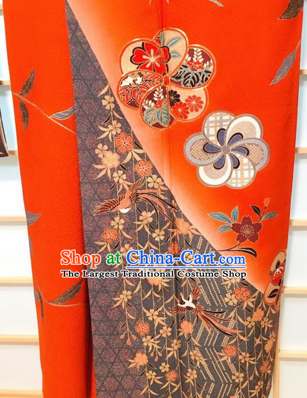 Japanese Classical Phoenix Sakura Pattern Red Furisode Kimono Japan Traditional Yukata Dress Costume for Women