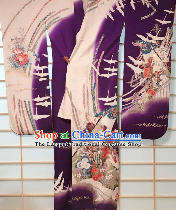 Japanese Classical Crane Chrysanthemum Pattern Purple Furisode Kimono Japan Traditional Yukata Dress Costume for Women