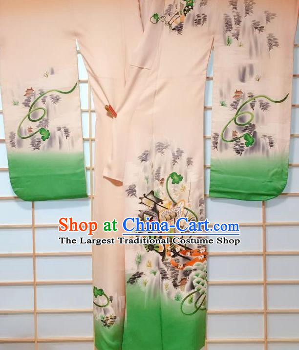 Japanese Classical Gharry Pattern Beige Furisode Kimono Japan Traditional Yukata Dress Costume for Women