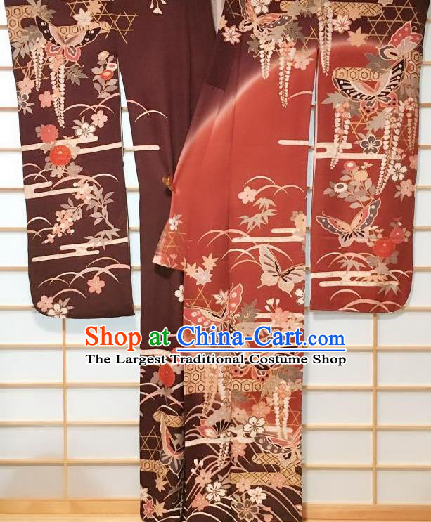 Japanese Classical Chrysanthemum Butterfly Pattern Purplish Red Furisode Kimono Japan Traditional Yukata Dress Costume for Women