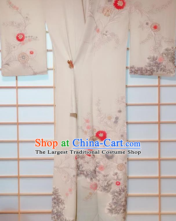 Japanese Classical Chrysanthemum Pattern Beige Tsukesage Kimono Japan Traditional Yukata Dress Costume for Women