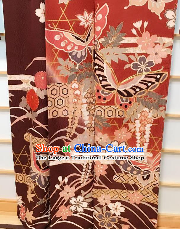 Japanese Classical Chrysanthemum Butterfly Pattern Purplish Red Furisode Kimono Japan Traditional Yukata Dress Costume for Women
