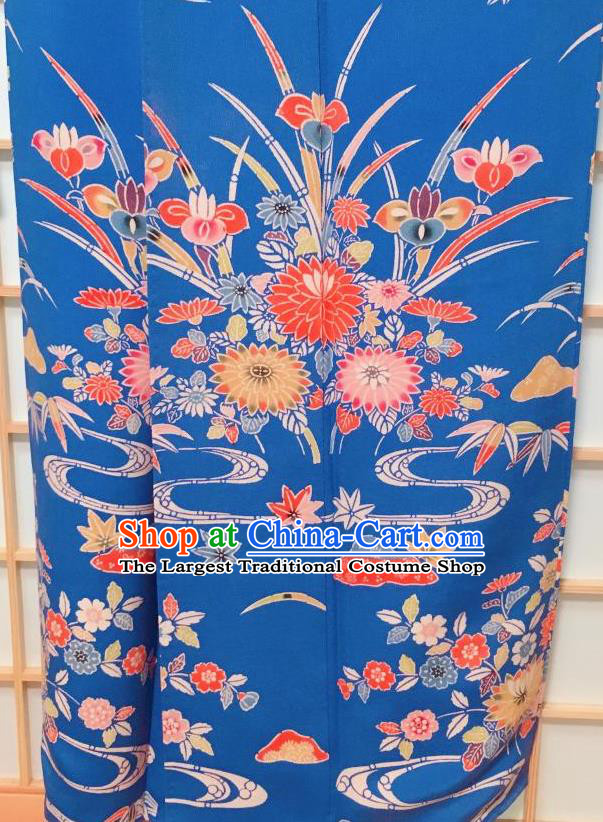 Japanese Classical Chrysanthemum Orchid Pattern Blue Furisode Kimono Japan Traditional Yukata Dress Costume for Women