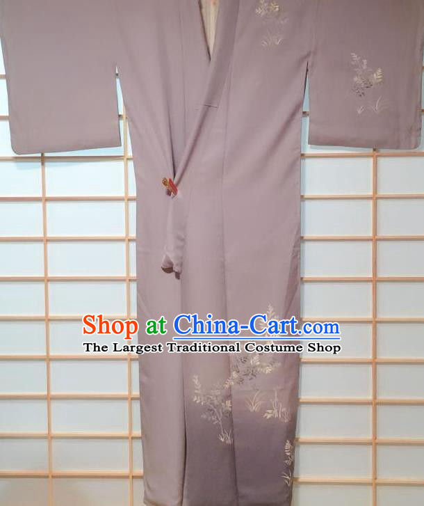 Japanese Classical Embroidered Grey Tsukesage Kimono Japan Traditional Yukata Dress Costume for Women