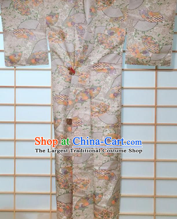 Japanese Classical Chrysanthemum Pattern Light Grey Tsukesage Kimono Japan Traditional Yukata Dress Costume for Women