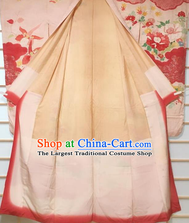 Japanese Classical Peony Chrysanthemum Pattern Pink Furisode Kimono Japan Traditional Yukata Dress Costume for Women