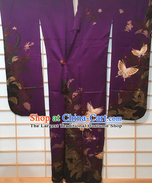 Japanese Classical Butterfly Pattern Purple Furisode Kimono Japan Traditional Yukata Dress Costume for Women