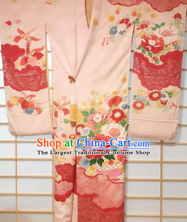 Japanese Classical Peony Chrysanthemum Pattern Pink Furisode Kimono Japan Traditional Yukata Dress Costume for Women