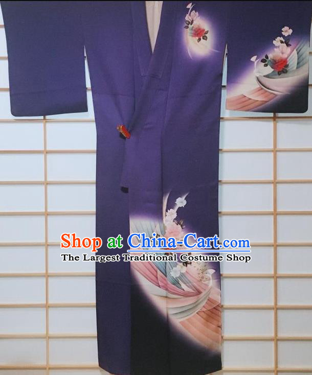 Japanese Classical Peacock Peony Pattern Purple Tsukesage Kimono Japan Traditional Yukata Dress Costume for Women